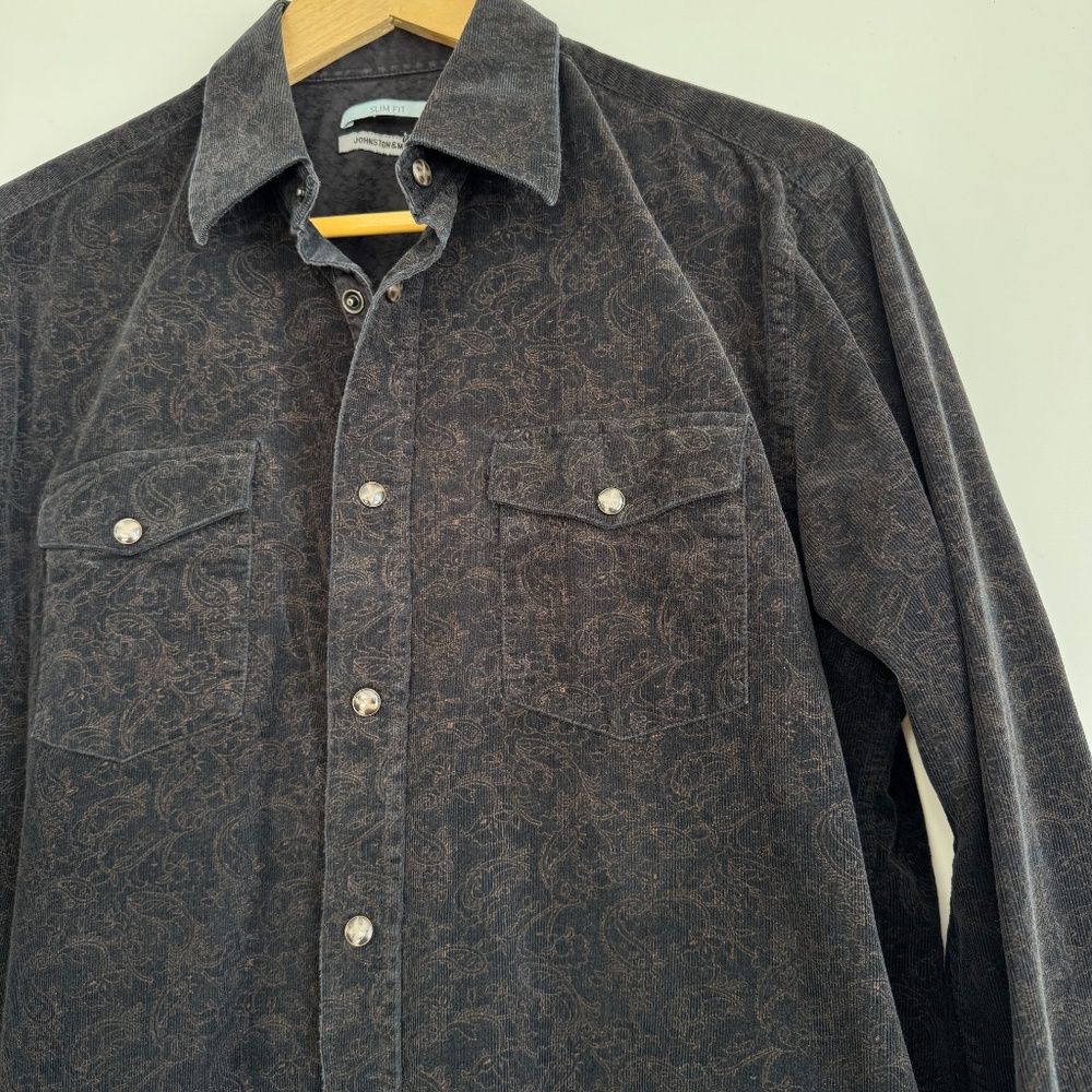 Johnston & Murphy Sz M Western Style Brown Corduroy Shirt Paisley Snap Buttons